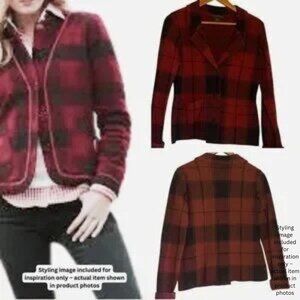 Women's Knit Cardigan Blazer Black Red Plaid Fall Winter Classic Sz XS